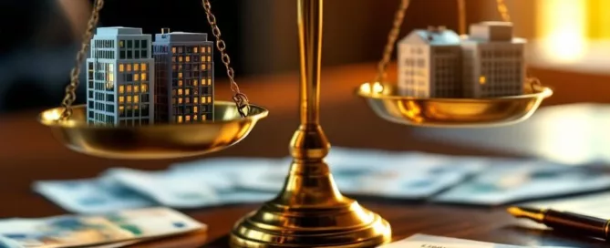 Gouden weegschaal op mahonie bureau met kantoorgebouwen en eurobankbiljetten, symboliseert bedrijfswaardering