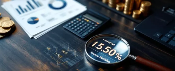 Bureau van bovenaf met calculator, financiële documenten, gouden munten en vergrootglas op donker hout