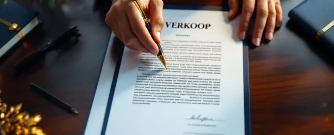 Zakelijke handdruk boven mahonie bureau met VERKOOP contract, gouden vulpen en elegante documenten