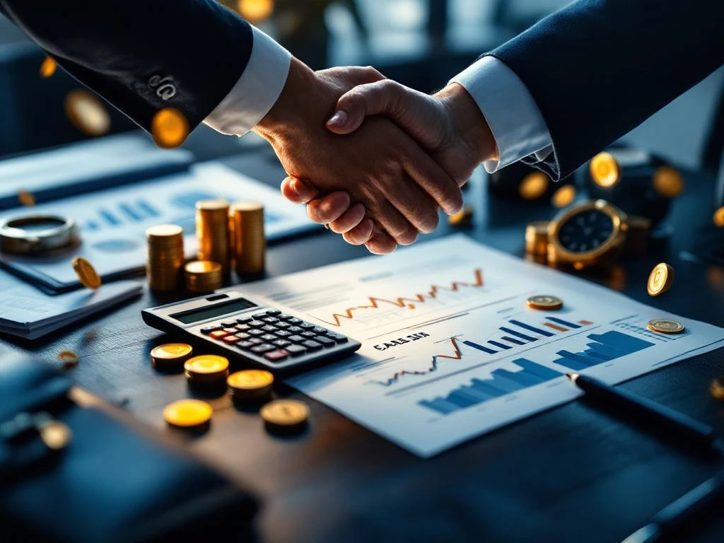 Zakelijke handdruk boven bureau met belastingdocumenten, rekenmachine en financiële grafieken voor bedrijfsverkoop