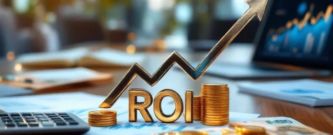 Houten vergadertafel met financiële documenten, laptop met ROI-grafieken, gouden munten en euro's in modern kantoor