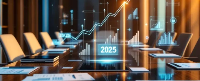 Moderne vergaderzaal met glazen tafel, stijgende grafieken en digitale datavisualisaties voor 2025 bedrijfstransformatie