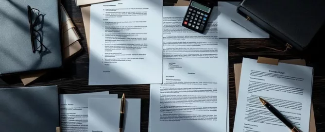 Professioneel bureau van bovenaf met bedrijfsdocumenten, contracten, gouden vulpen, rekenmachine en leesbril op donker hout