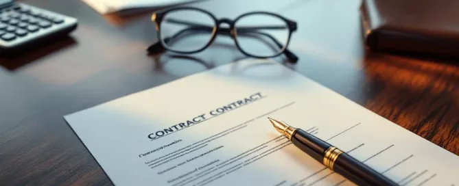 Mahonie vergadertafel met bedrijfsdocumenten, gouden vulpen, leesbril en calculator voor zakelijke contracten