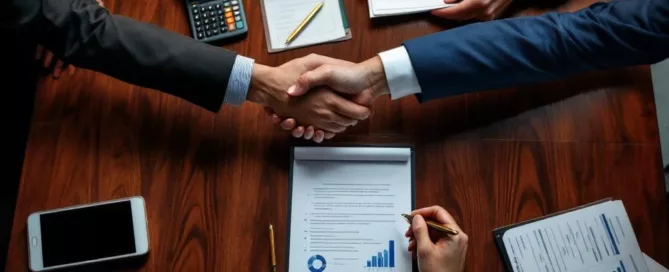 Zakelijke handdruk boven houten vergadertafel met contracten, financiële grafieken en gouden pen