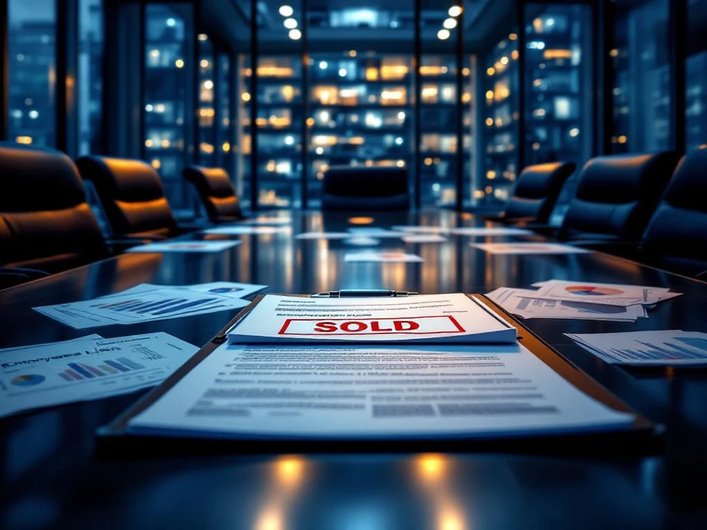 Lege bestuurskamer met open map met "VERKOCHT" stempel op vergadertafel, bedrijfsdocumenten en kantoorgebouw op achtergrond