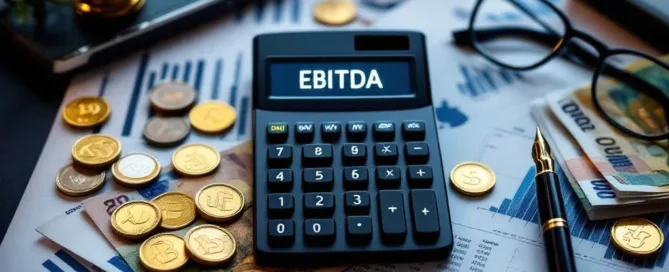 Calculator met "EBITDA" op scherm op bureau met financiële documenten, grafieken, eurobiljetten en gouden munten