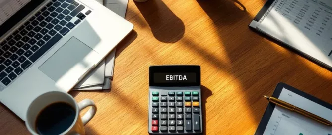 Calculator met "EBITDA" op scherm op modern bureau met financiële documenten, laptop en koffie in warm licht