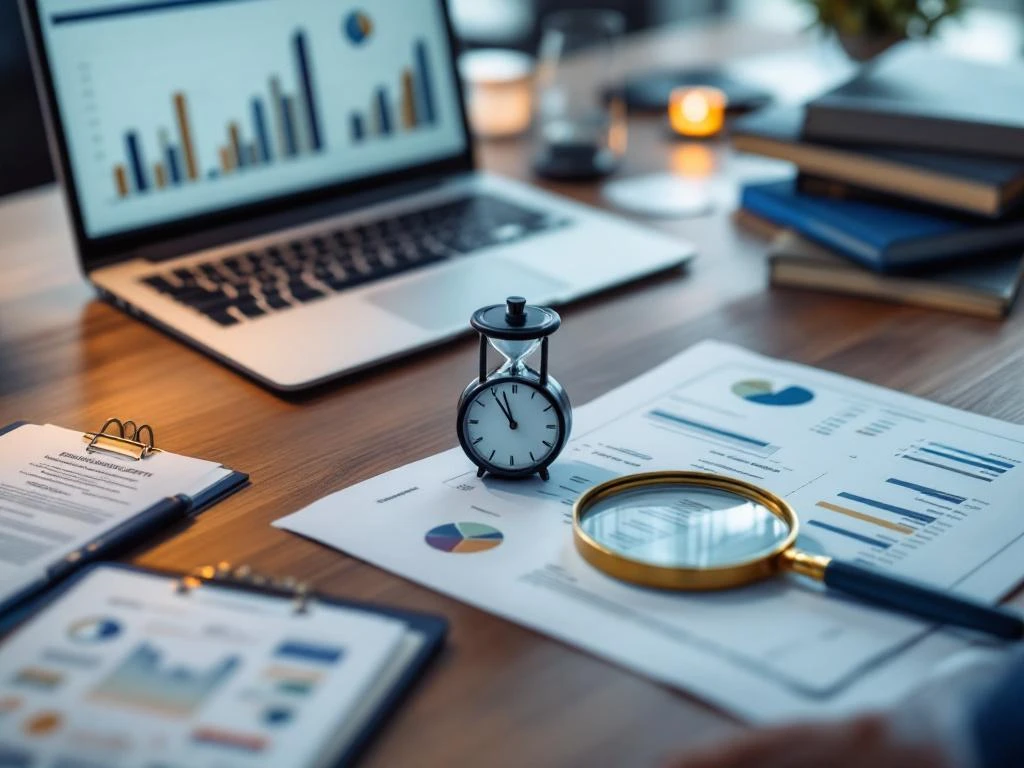 Moderne kantoorbureau van bovenaf met laptop, financiële grafieken, documenten en zandloper in zakelijke setting