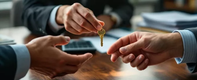 Twee zakelijke handen wisselen gouden sleutel uit boven houten vergadertafel met financiële documenten op achtergrond