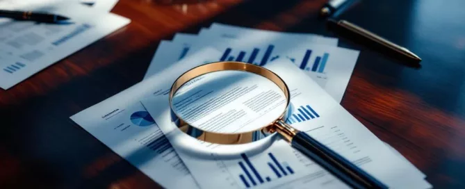 Vergrootglas op mahonie vergadertafel met financiële rapporten, contracten, rekenmachine en vulpen voor zakelijke analyse