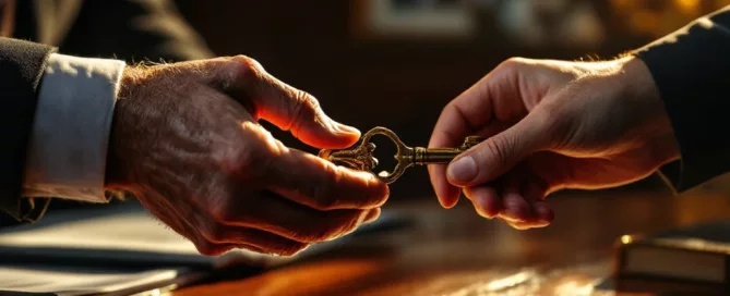 Oudere handen geven vintage messing sleutel door aan jongere handen op mahonie bureau, bedrijfsoverdracht symboliserend