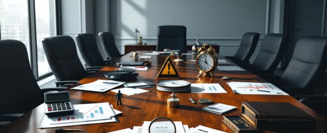 Bestuurskamer met mahonie tafel waarop acht waarschuwingssignalen voor bedrijfsverkoop liggen gerangschikt