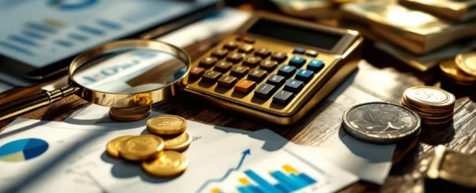 Mahonie bureau met financiële documenten, euro munten, rekenmachine en tablet met winstgrafieken voor bedrijfswaardering