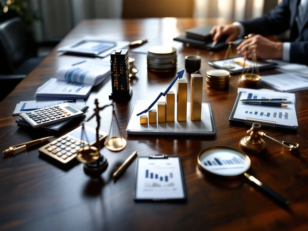 Houten bestuurskamertafel met tien zakelijke elementen in cirkel gerangschikt, waaronder calculator, documenten en tablet