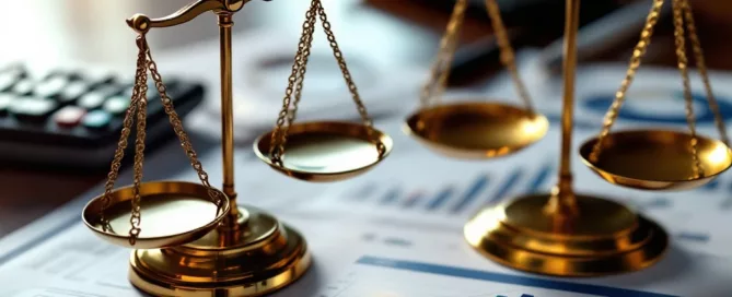 Gepolijste koperen weegschaal op mahoniehout bureau met financiële documenten, grafieken en vergrootglas voor bedrijfswaardering