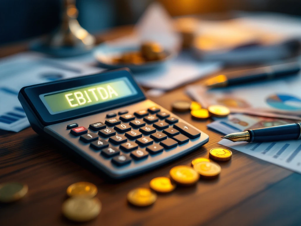 Calculator met "EBITDA" op scherm op mahonie bureau met financiële documenten, euromunten en -biljetten in kantoor