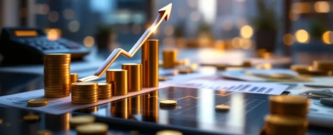 Moderne kantoorbureau met financiële grafieken, calculator, gouden munten en tablet met stijgende trends