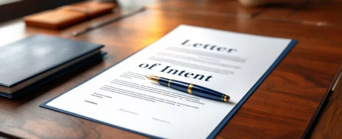 Intentieverklaring document op mahonie bureau met vulpen, Nederlandse kantooromgeving op achtergrond