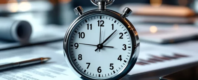 Zilveren stopwatch op glazen vergadertafel met zakelijke documenten op achtergrond, dramatische belichting