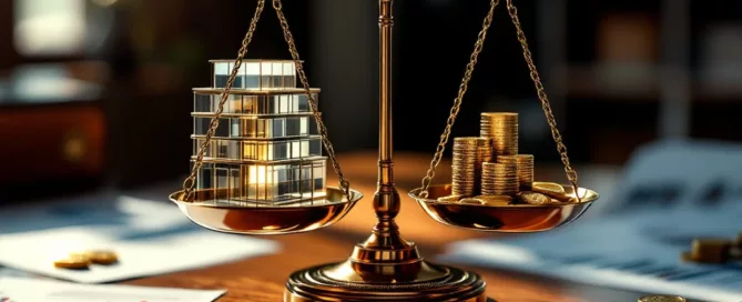 Gouden weegschaal met glazen kantoorgebouw model en munten op mahonie bureau, symboliseert bedrijfswaardering