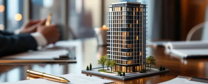Miniatuur kantoorgebouw model op mahonie vergadertafel met gouden vulpen en documenten, stadsgezicht op achtergrond