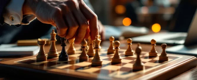 Zakenman plaatst laatste schaakstuk op houten schaakbord in moderne kantooromgeving voor strategische planning