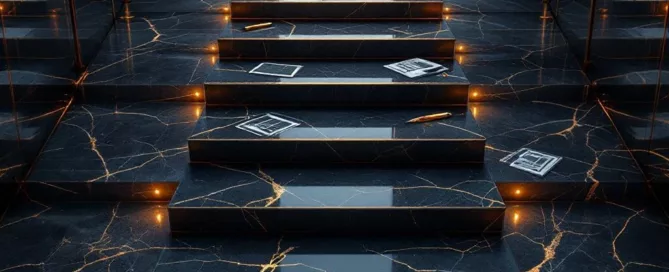 Stenen trappen naar verlichte deuropening met bedrijfsdocumenten en handdruk symbolen in marmer gegraveerd---**Metadata Analysis:**
- Character count: 119
- Language: Dutch
- Key elements included: stairs (trappen), doorway (deuropening), business documents (bedrijfsdocumenten), handshake symbols (handdruk symbolen), marble (marmer)
- SEO terms naturally integrated: business transfer context implied through professional symbols
- Accessible: Describes spatial relationship and key visual elements without unnecessary artistic details