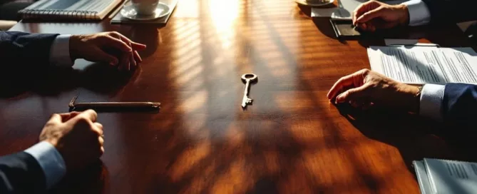 Zakelijke vergadering aan mahonie tafel met sleutel als symbool voor bedrijfsoverdracht