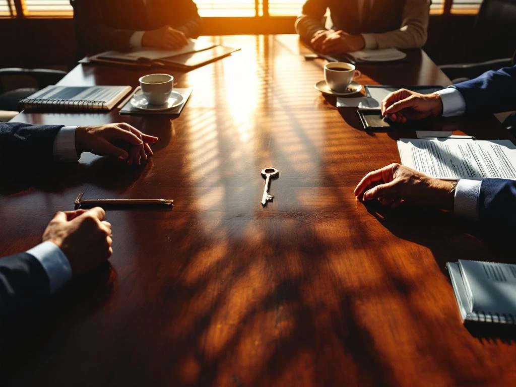Zakelijke vergadering aan mahonie tafel met sleutel als symbool voor bedrijfsoverdracht
