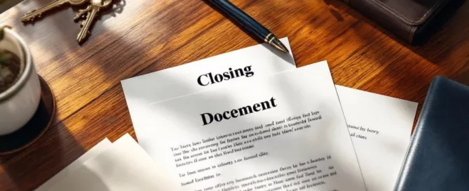 Mahonie bureau met documenten voor bedrijfsoverdracht, luxe vulpen, zegels en sleutels bij handdruk op achtergrond