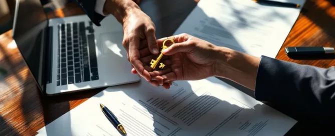 Twee personen wisselen gouden sleutel uit boven contracten op mahonie vergadertafel, symbool voor bedrijfsoverdracht.
