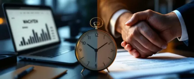 Gesplitst beeld: links kantoor met dalende grafieken en wachten, rechts succesvolle bedrijfsoverdracht met handdrukLet me reconsider this to be more concise while maintaining key information:Kantoortafereel gesplitst: dalende grafieken versus succesvolle bedrijfsoverdracht met handdruk