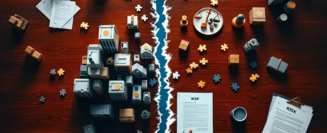 Gedeelde directietafel met bedrijfsactiva en risicoelementen bij fusies en overnames