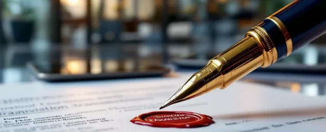 Gouden vulpen op ondertekende contracten met bedrijfszegel, wazig kantoor op achtergrond symboliseert bedrijfsovername