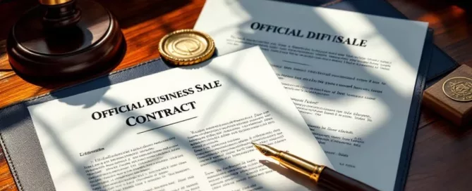 Zakelijke verkoopcontracten op mahonie bureau met vulpen, zegel en leesbril klaar voor ondertekening