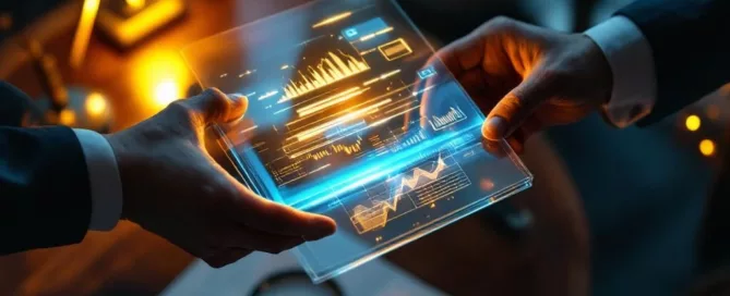 Twee handen wisselen gloeiend transparant documentenmap uit boven bureau met financiële grafieken en vergrootglas