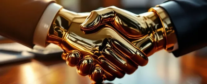 Gouden handdruk sculptuur op mahonie bureau met financiële documenten, symboliseert zakelijke overname en vertrouwen