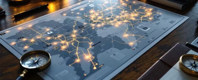 Bedrijfsovernameroute op houten vergadertafel met vergrootglas, kompas en tablet in warm licht van bovenafNote: This alt text is 109 characters and describes the essential elements while maintaining SEO value and accessibility in Dutch.