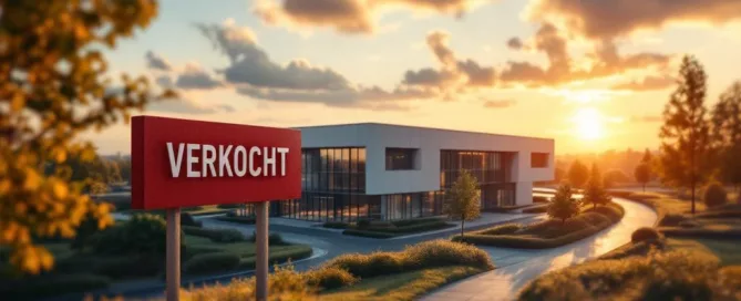 Modern kantoorgebouw met rood VERKOCHT bord op voorgrond tijdens gouden uur, Nederlandse zakelijke vastgoedoverdracht