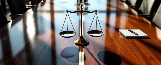 Weegschaal, glazen gebouwmodel en contractdocumenten op vergadertafel symboliseren bedrijfsstructuren