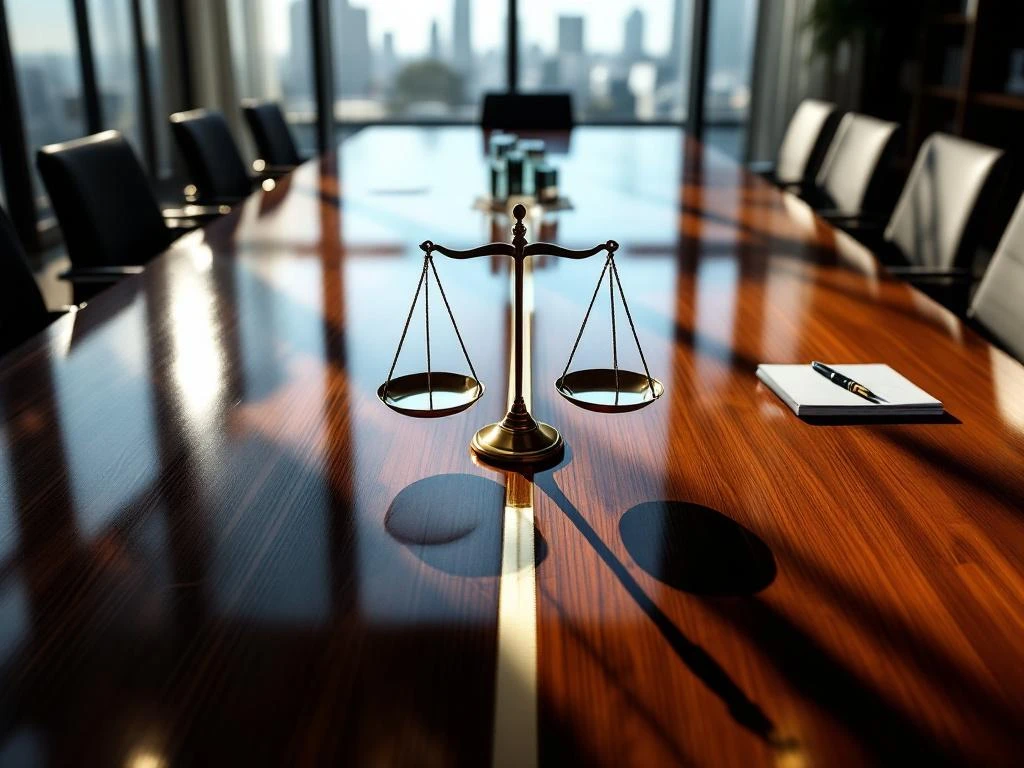 Weegschaal, glazen gebouwmodel en contractdocumenten op vergadertafel symboliseren bedrijfsstructuren
