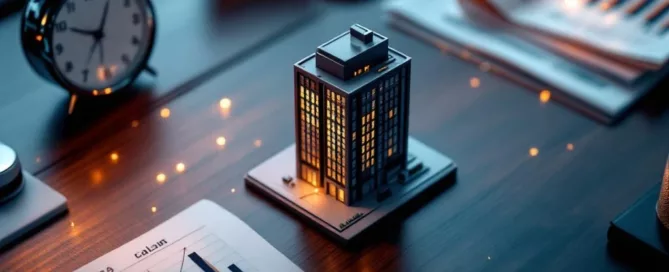 Miniatuur bedrijfsgebouw op bureau met stopwatch, kalender en financiële documenten met stijgende grafieken---**Reasoning**: This alt text prioritizes the central subject (miniature building) while incorporating key contextual elements that convey the business sale timeline concept. It stays well under 125 characters, uses natural Dutch language, and provides meaningful information for screen reader users without unnecessary descriptive phrases.