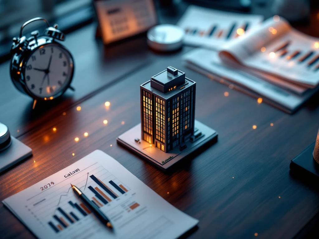 Miniatuur bedrijfsgebouw op bureau met stopwatch, kalender en financiële documenten met stijgende grafieken


---

**Reasoning**: This alt text prioritizes the central subject (miniature building) while incorporating key contextual elements that convey the business sale timeline concept. It stays well under 125 characters, uses natural Dutch language, and provides meaningful information for screen reader users without unnecessary descriptive phrases.