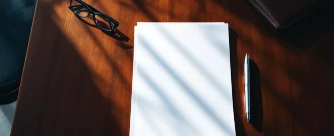 Mahonie vergadertafel met contract met laag bedrag, pen, calculator en leesbril in dramatisch daglicht