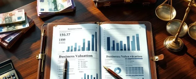 Mahonie bureau met financiële documenten, eurobankbiljetten, calculator en weegschaal voor bedrijfswaardering