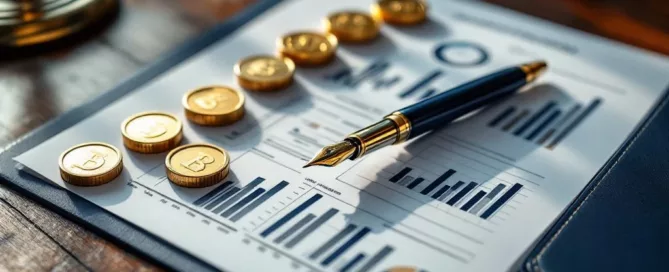 Bedrijfswaardering document met gouden munten op mahoniehouten bureau met vulpen en financiële grafieken