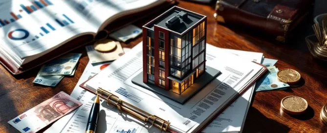 Miniatuur Nederlands kantoorgebouw op bureau met financiële documenten, eurobankbiljetten en zakelijke portefeuille