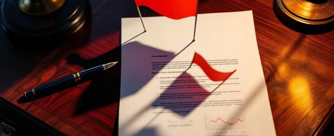 Zakelijk contract met rode waarschuwingsvlaggen op mahoniehouten bureau met financiële documenten en dalende grafieken