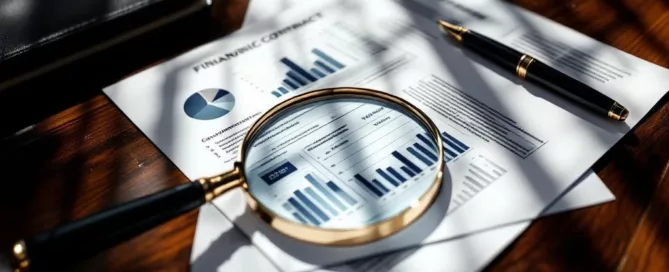 Vergrootglas op financiële documenten en contracten op mahoniehouten vergadertafel met vulpen en portfolio